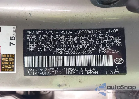 2008 Toyota Prius Standard/Touring z USA, uszkodzony, nr VIN JTDKB20U683373653